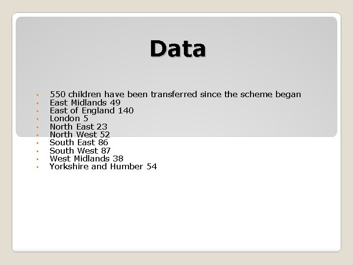 Data • • • 550 children have been transferred since the scheme began East