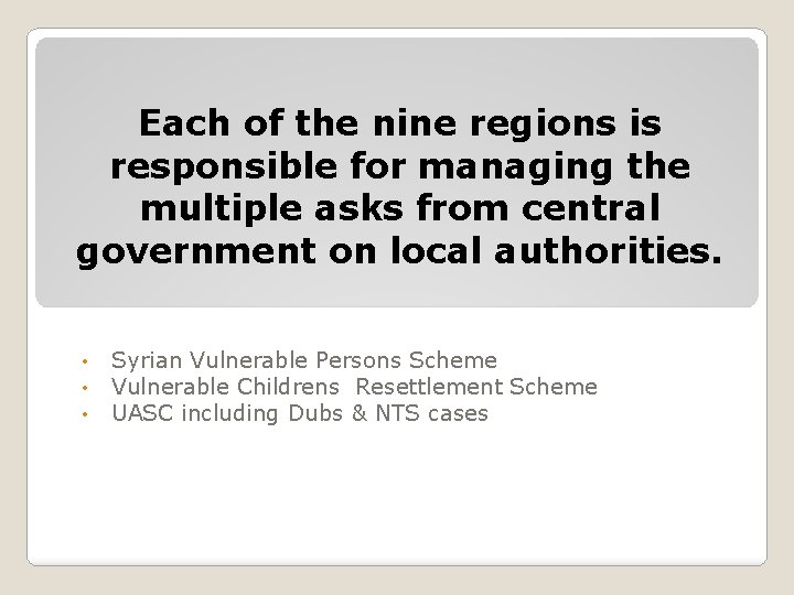 Each of the nine regions is responsible for managing the multiple asks from central