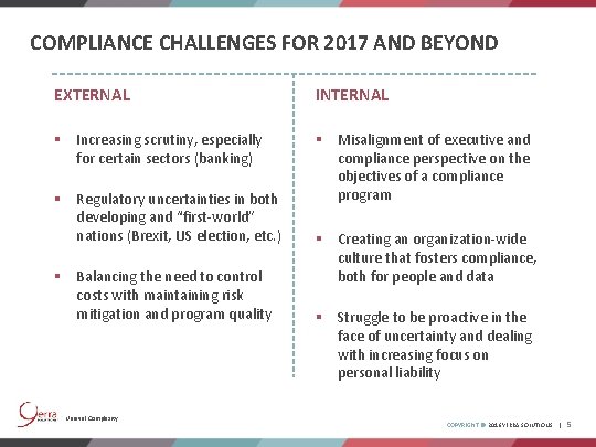 COMPLIANCE CHALLENGES FOR 2017 AND BEYOND EXTERNAL INTERNAL § Increasing scrutiny, especially for certain