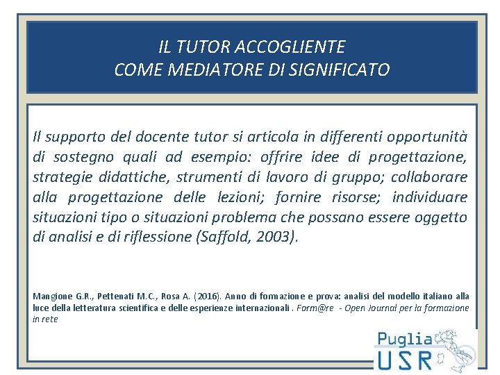 IL TUTOR ACCOGLIENTE COME MEDIATORE DI SIGNIFICATO Il supporto del docente tutor si articola