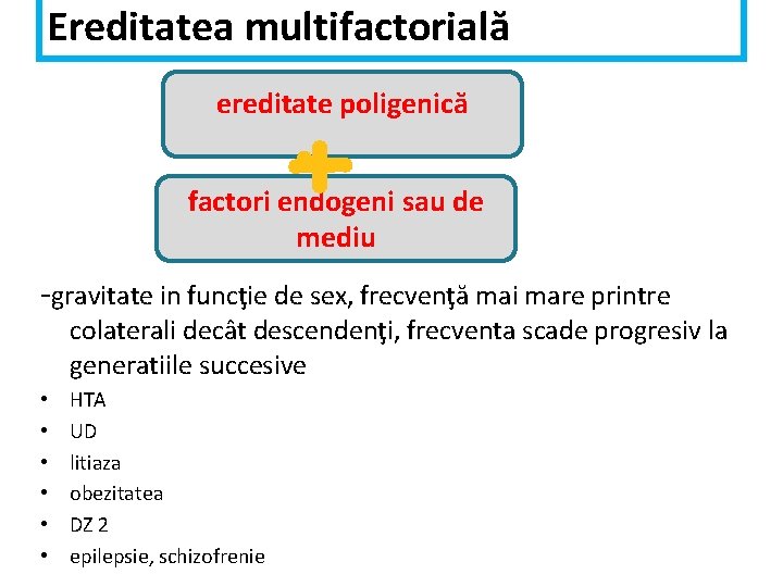 Ereditatea multifactorială ereditate poligenică factori endogeni sau de mediu -gravitate in funcţie de sex,