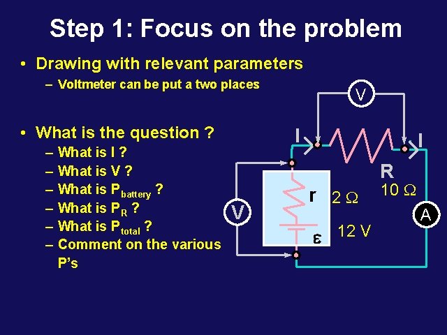 Step 1: Focus on the problem • Drawing with relevant parameters – Voltmeter can