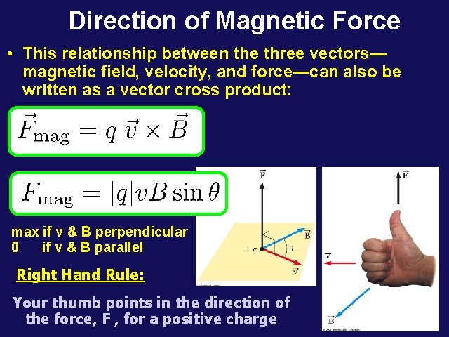 Direction of Magnetic Force • This relationship between the three vectors— magnetic field, velocity,