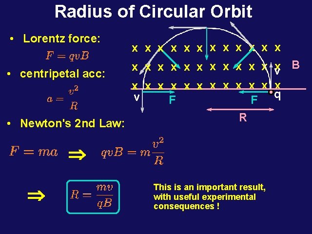 Radius of Circular Orbit • Lorentz force: • centripetal acc: • Newton's 2 nd