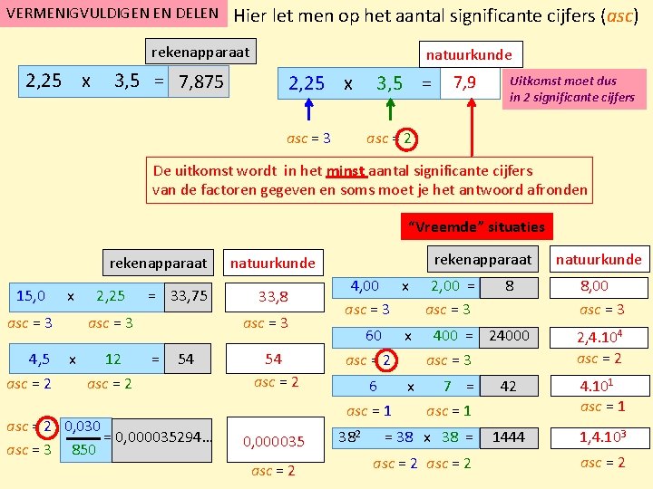 VERMENIGVULDIGEN EN DELEN Hier let men op het aantal significante cijfers (asc) rekenapparaat 2,