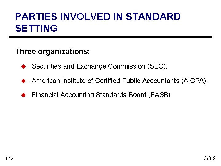 PARTIES INVOLVED IN STANDARD SETTING Three organizations: 1 -16 u Securities and Exchange Commission PARTIES INVOLVED IN STANDARD SETTING Three organizations: 1 -16 u Securities and Exchange Commission
