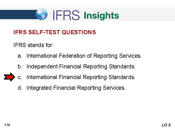 IFRS SELF-TEST QUESTIONS IFRS stands for: a. International Federation of Reporting Services. b. Independent IFRS SELF-TEST QUESTIONS IFRS stands for: a. International Federation of Reporting Services. b. Independent