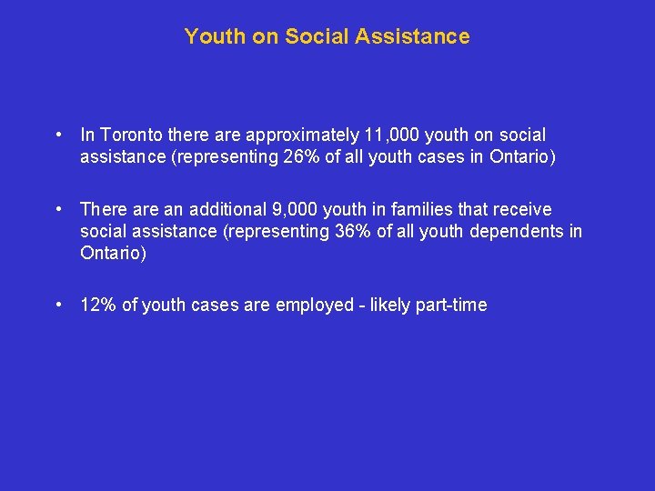 Youth on Social Assistance • In Toronto there approximately 11, 000 youth on social