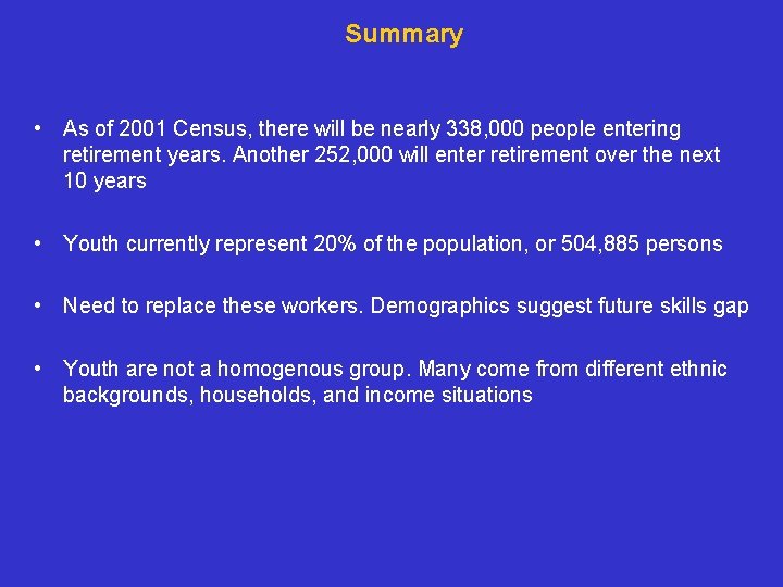 Summary • As of 2001 Census, there will be nearly 338, 000 people entering
