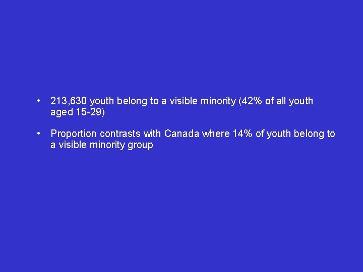  • 213, 630 youth belong to a visible minority (42% of all youth