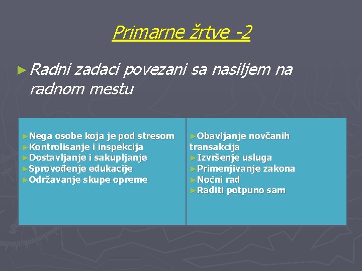 Primarne žrtve -2 ► Radni zadaci povezani sa nasiljem na radnom mestu ►Nega osobe