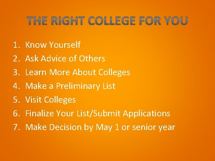 1. 2. 3. 4. 5. 6. 7. Know Yourself Ask Advice of Others Learn