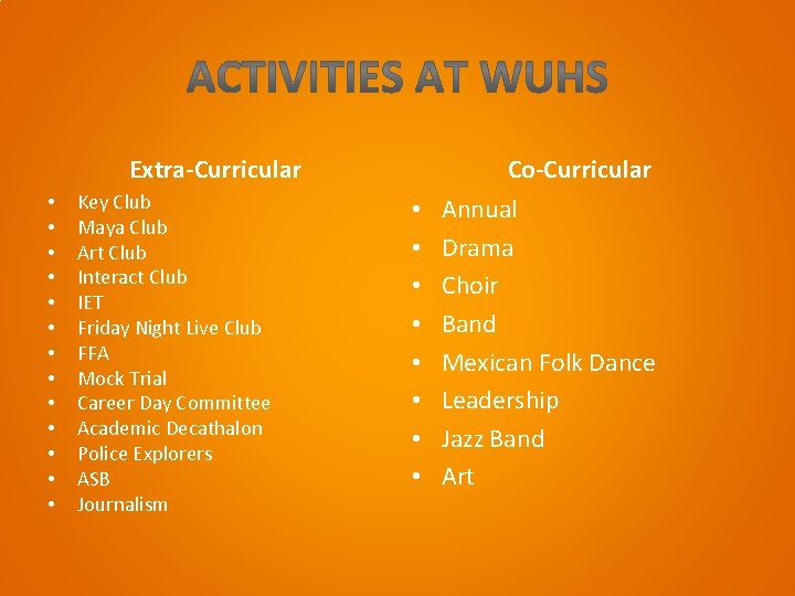 Extra-Curricular • • • • Key Club Maya Club Art Club Interact Club IET