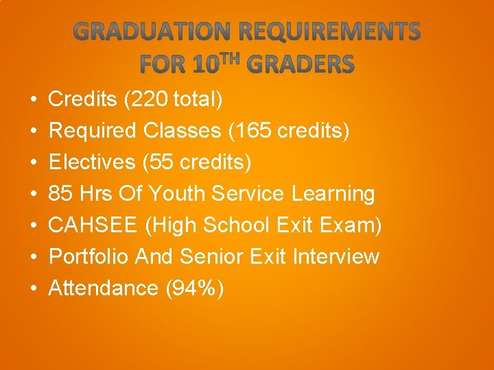  • • Credits (220 total) Required Classes (165 credits) Electives (55 credits) 85