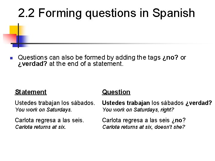 2. 2 Forming questions in Spanish n Questions can also be formed by adding