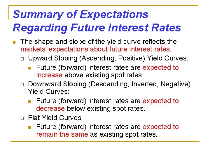 Summary of Expectations Regarding Future Interest Rates n The shape and slope of the