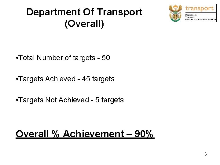 Department Of Transport (Overall) • Total Number of targets - 50 • Targets Achieved