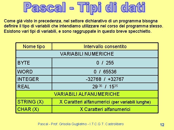 Come già visto in precedenza, nel settore dichiarativo di un programma bisogna definire il Come già visto in precedenza, nel settore dichiarativo di un programma bisogna definire il