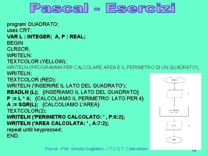program QUADRATO; uses CRT; VAR L : INTEGER; A, P : REAL; BEGIN CLRSCR; program QUADRATO; uses CRT; VAR L : INTEGER; A, P : REAL; BEGIN CLRSCR;