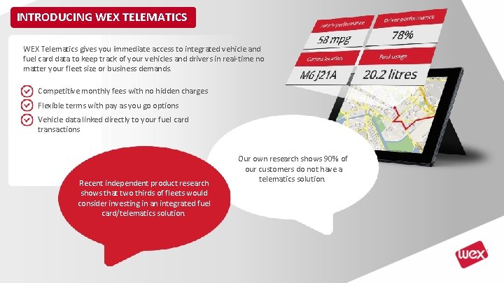 INTRODUCING WEX TELEMATICS WEX Telematics gives you immediate access to integrated vehicle and fuel INTRODUCING WEX TELEMATICS WEX Telematics gives you immediate access to integrated vehicle and fuel