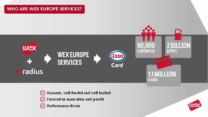 WHO ARE WEX EUROPE SERVICES? Dynamic, well-funded and well backed Focused on innovation and WHO ARE WEX EUROPE SERVICES? Dynamic, well-funded and well backed Focused on innovation and