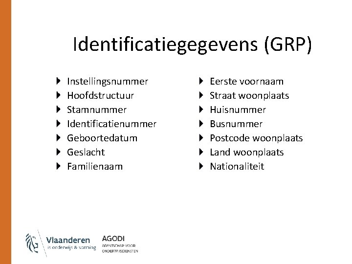 Identificatiegegevens (GRP) Instellingsnummer Hoofdstructuur Stamnummer Identificatienummer Geboortedatum Geslacht Familienaam Eerste voornaam Straat woonplaats Huisnummer Identificatiegegevens (GRP) Instellingsnummer Hoofdstructuur Stamnummer Identificatienummer Geboortedatum Geslacht Familienaam Eerste voornaam Straat woonplaats Huisnummer