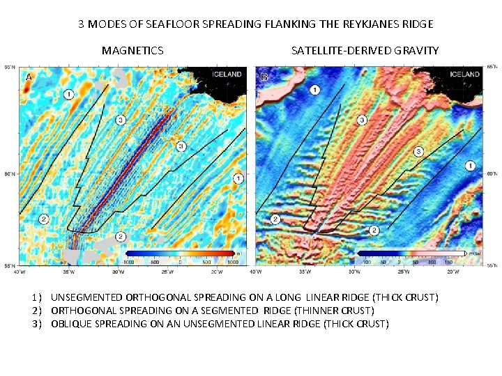 3 MODES OF SEAFLOOR SPREADING FLANKING THE REYKJANES RIDGE MAGNETICS SATELLITE-DERIVED GRAVITY 1) UNSEGMENTED