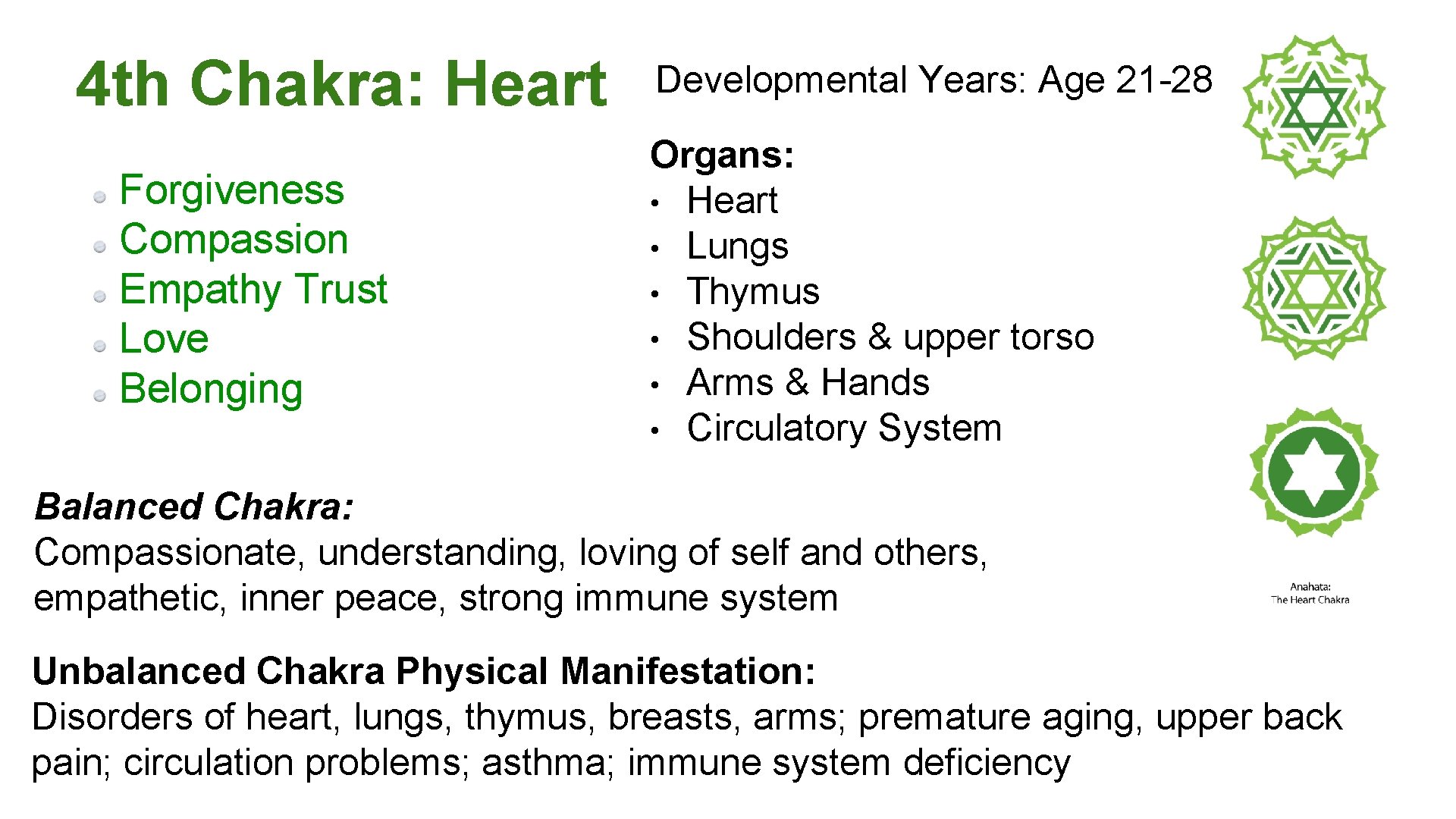 4 th Chakra: Heart Forgiveness Compassion Empathy Trust Love Belonging Developmental Years: Age 21