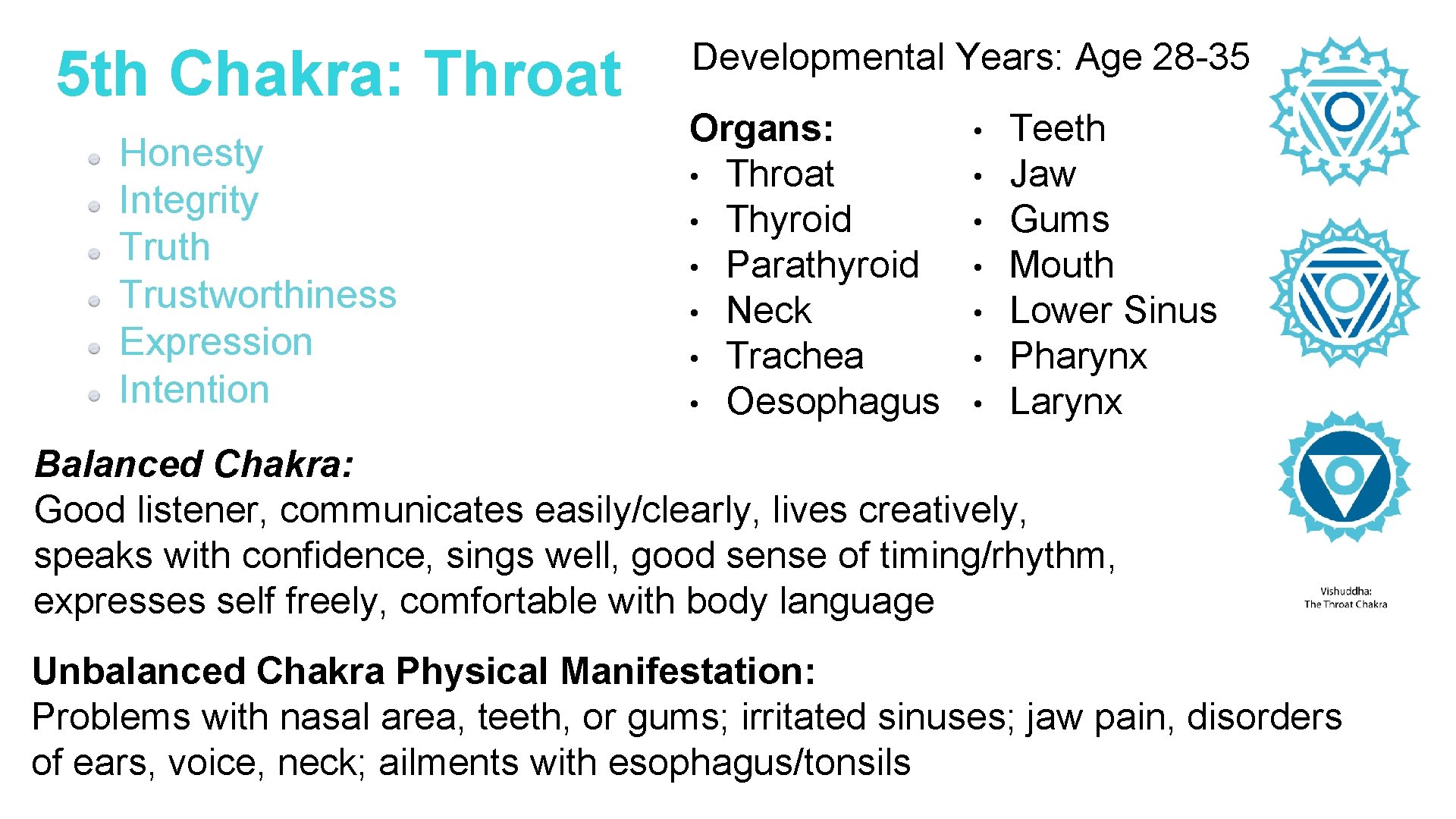 5 th Chakra: Throat Honesty Integrity Truth Trustworthiness Expression Intention Developmental Years: Age 28