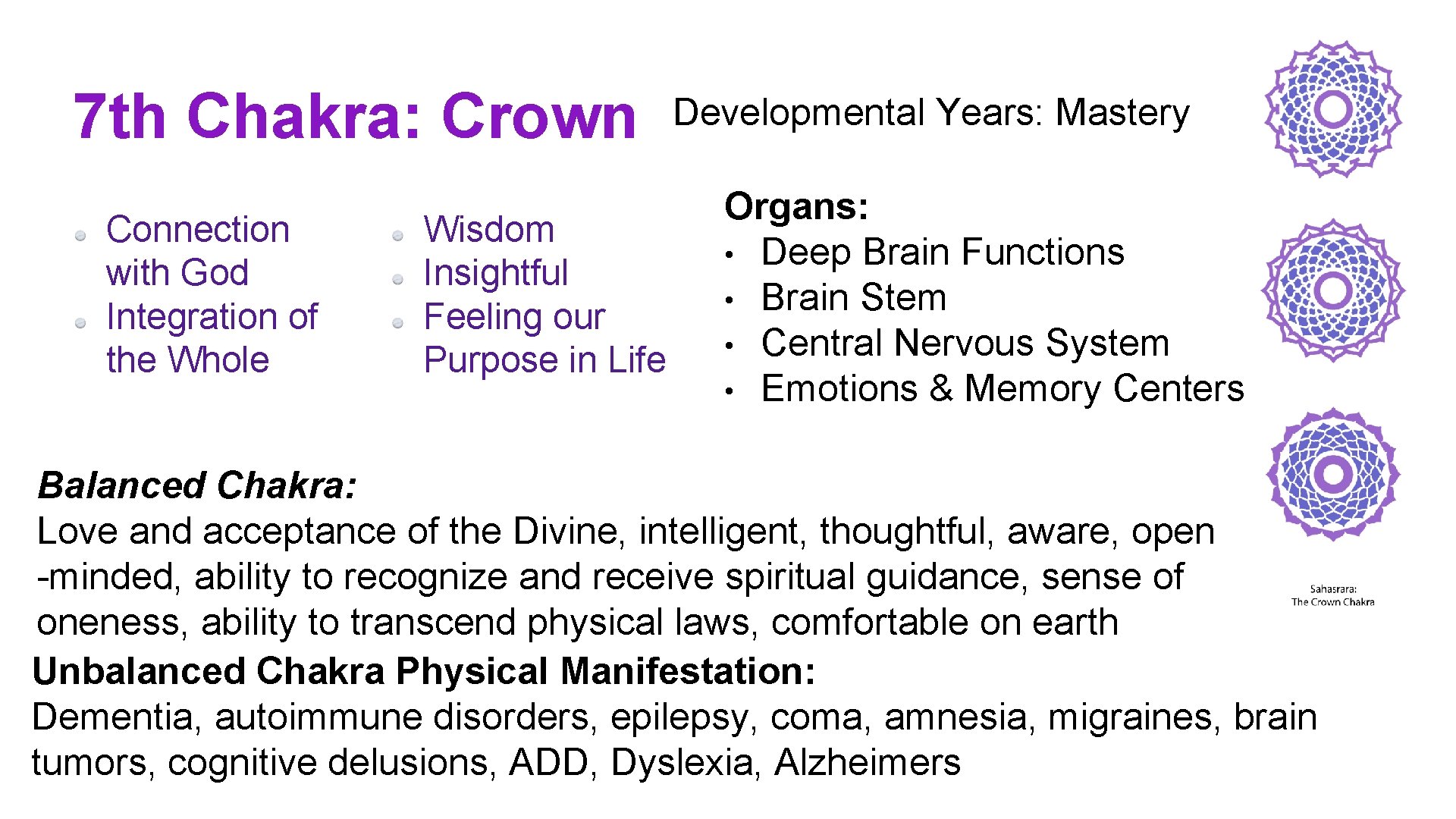 7 th Chakra: Crown Connection with God Integration of the Whole Wisdom Insightful Feeling