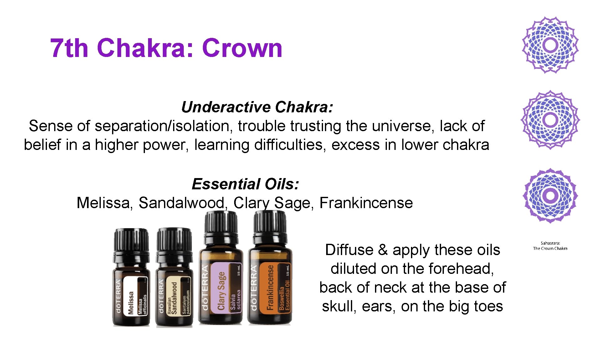 7 th Chakra: Crown Underactive Chakra: Sense of separation/isolation, trouble trusting the universe, lack