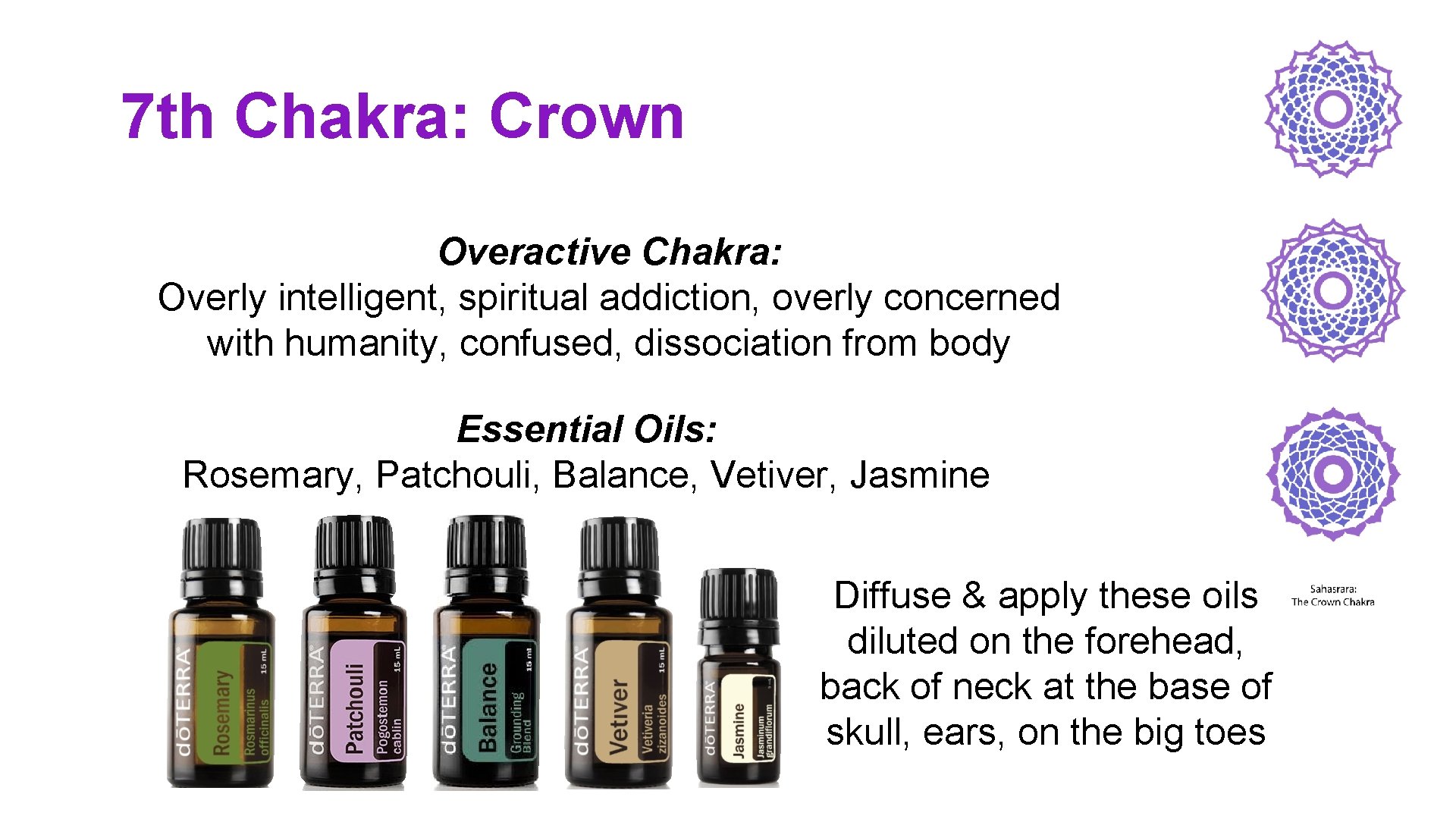 7 th Chakra: Crown Overactive Chakra: Overly intelligent, spiritual addiction, overly concerned with humanity,