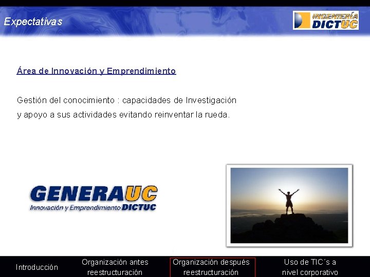 Expectativas Área de Innovación y Emprendimiento Gestión del conocimiento : capacidades de Investigación y