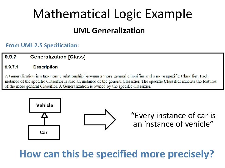 Mathematical Logic Example UML Generalization From UML 2. 5 Specification: Vehicle Car “Every instance