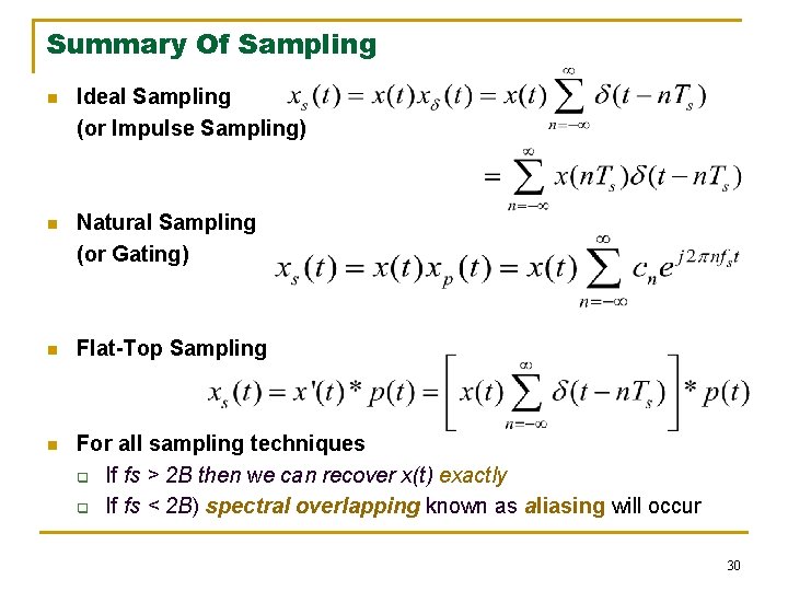 Summary Of Sampling n Ideal Sampling (or Impulse Sampling) n Natural Sampling (or Gating)