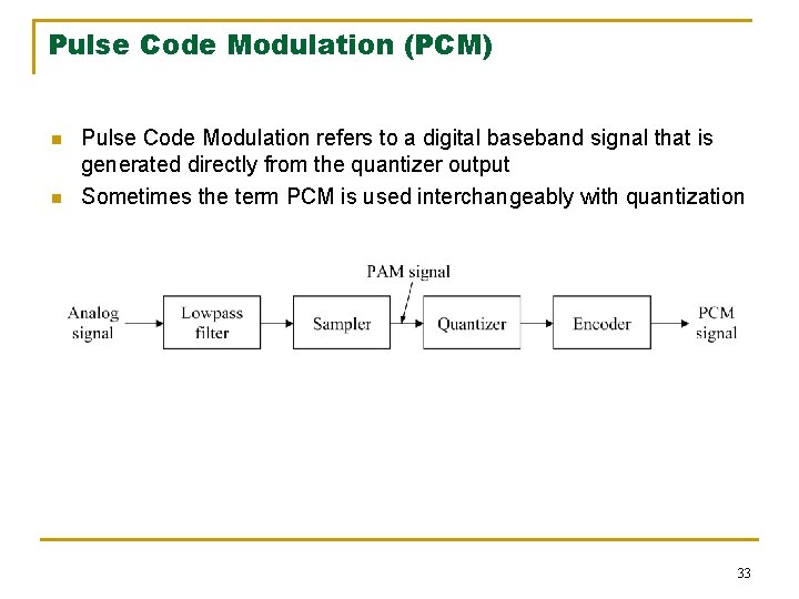 Pulse Code Modulation (PCM) n n Pulse Code Modulation refers to a digital baseband