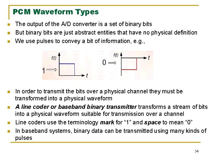 PCM Waveform Types n n n n The output of the A/D converter is