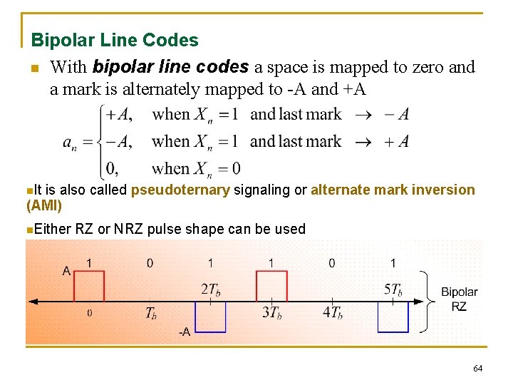 Bipolar Line Codes n With bipolar line codes a space is mapped to zero