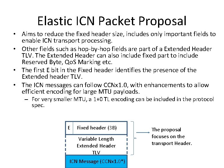 Elastic ICN Packet Proposal • Aims to reduce the fixed header size, includes only