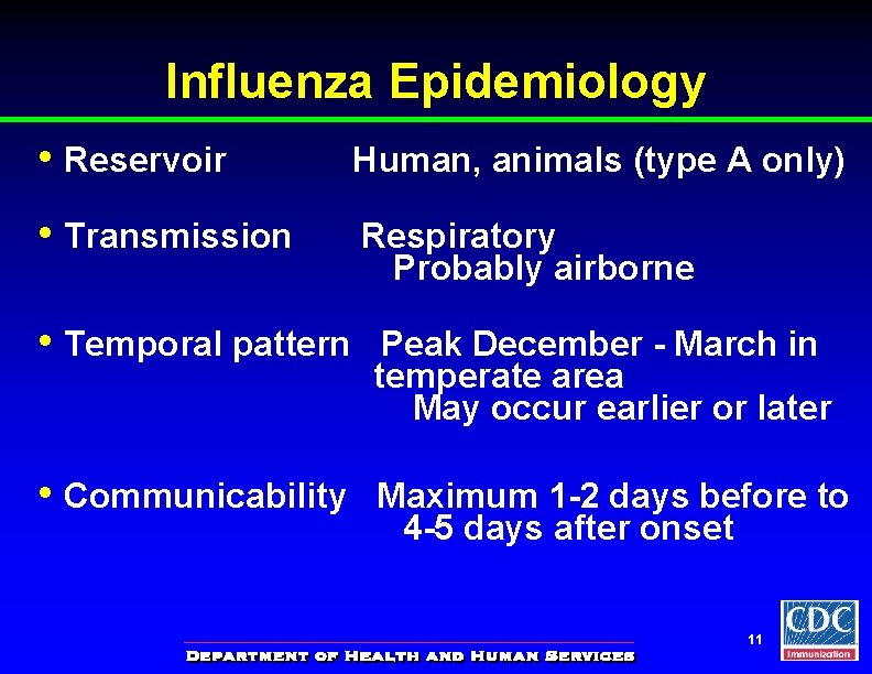 Influenza Epidemiology • Reservoir Human, animals (type A only) • Transmission Respiratory Probably airborne
