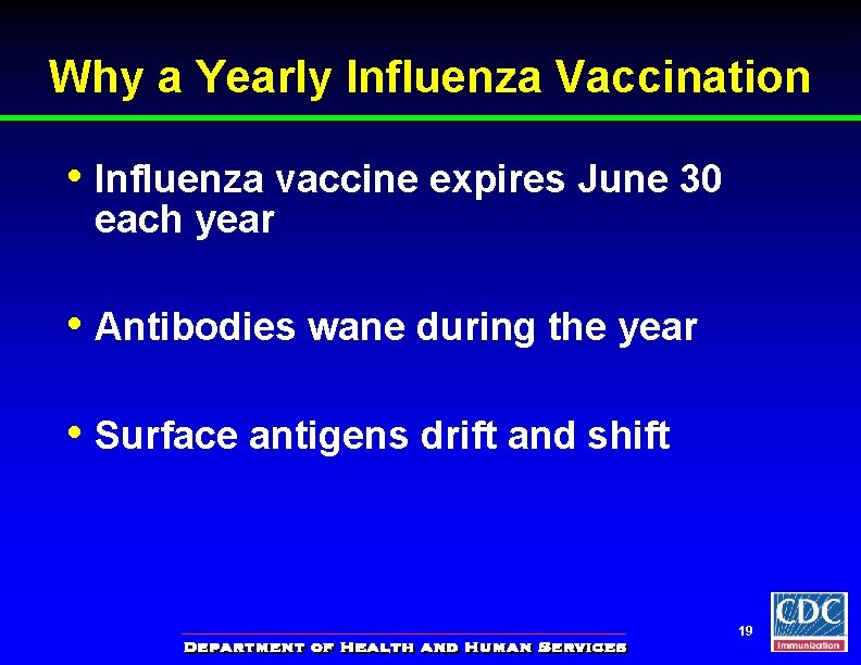 Why a Yearly Influenza Vaccination • Influenza vaccine expires June 30 each year •