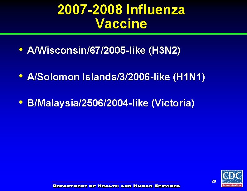 2007 -2008 Influenza Vaccine • A/Wisconsin/67/2005 -like (H 3 N 2) • A/Solomon Islands/3/2006