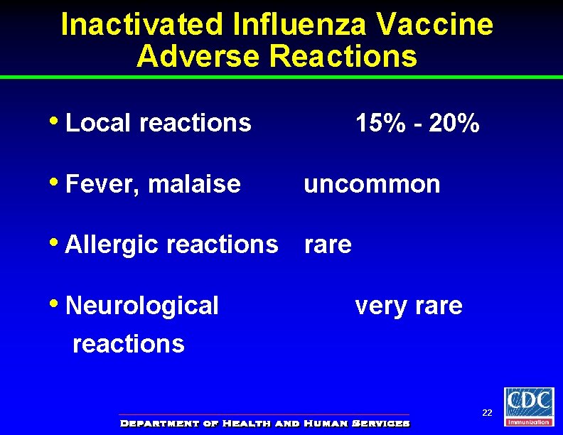 Inactivated Influenza Vaccine Adverse Reactions • Local reactions 15% - 20% • Fever, malaise