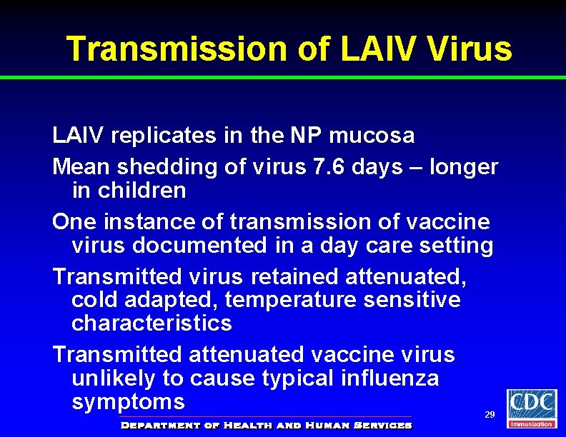 Transmission of LAIV Virus LAIV replicates in the NP mucosa Mean shedding of virus