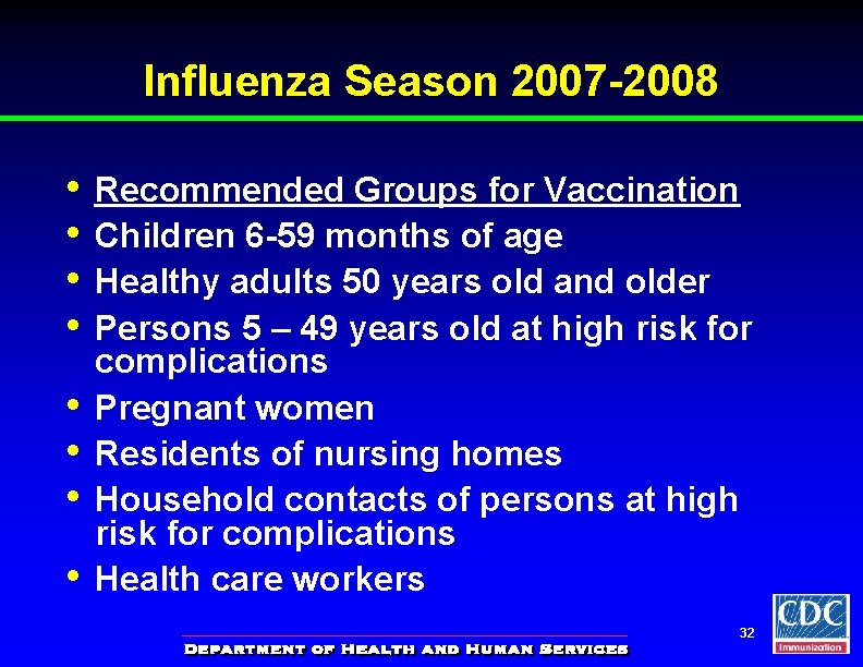 Influenza Season 2007 -2008 • • Recommended Groups for Vaccination Children 6 -59 months
