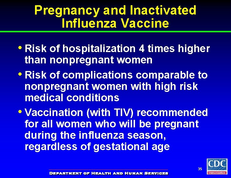 Pregnancy and Inactivated Influenza Vaccine • Risk of hospitalization 4 times higher than nonpregnant