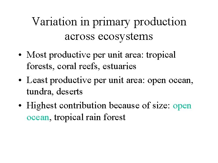 Variation in primary production across ecosystems • Most productive per unit area: tropical forests,