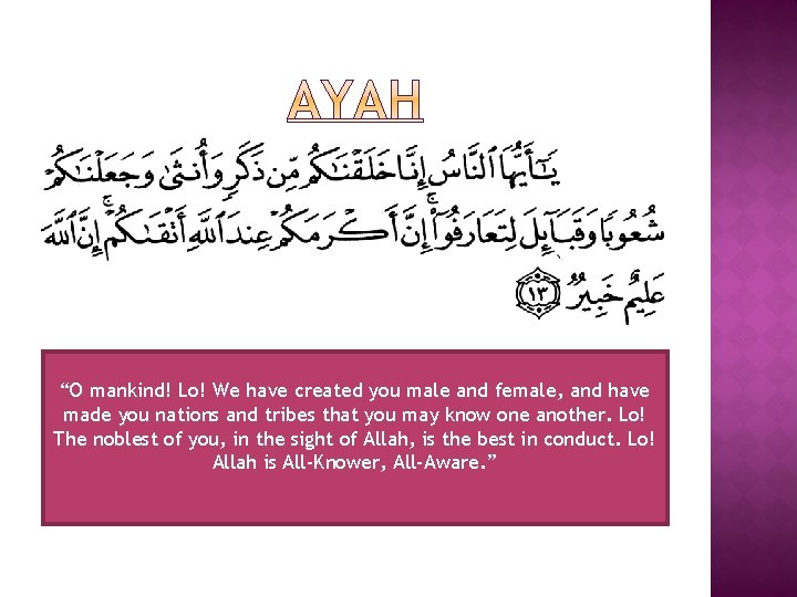 “O mankind! Lo! We have created you male and female, and have made you