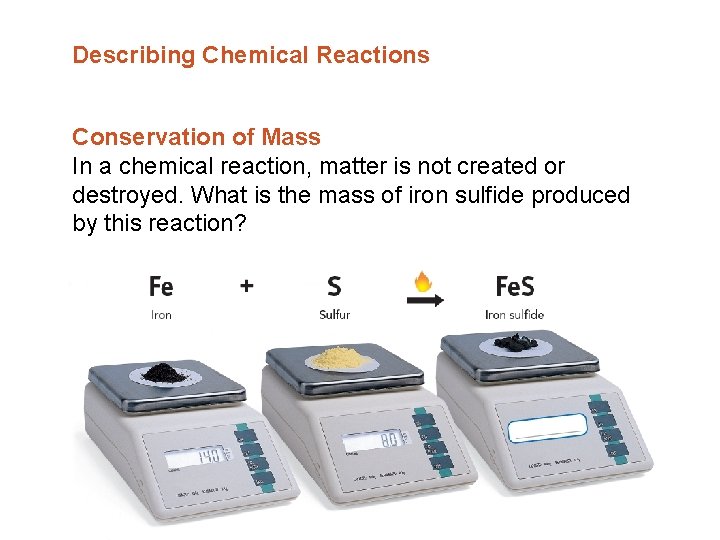 Describing Chemical Reactions Conservation of Mass In a chemical reaction, matter is not created