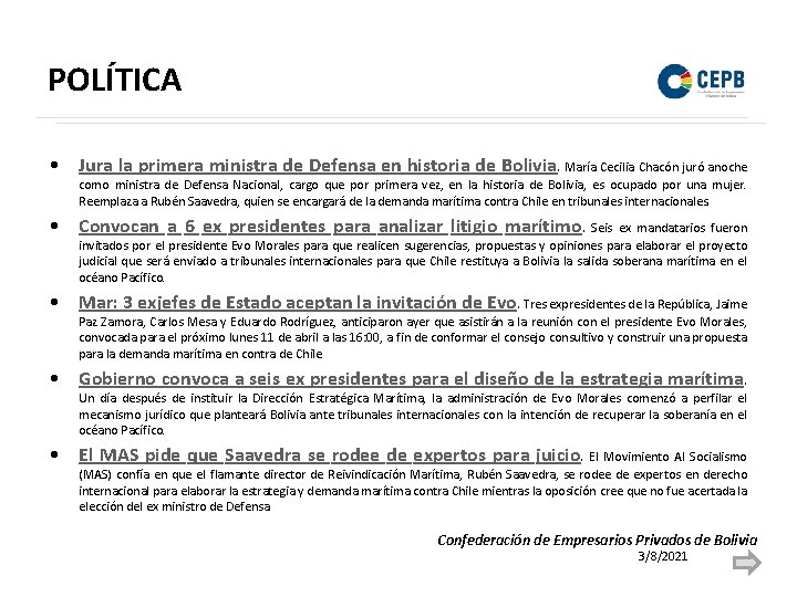 POLÍTICA • Jura la primera ministra de Defensa en historia de Bolivia. María Cecilia